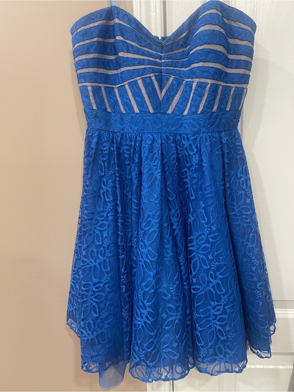 Cache Royal Blue Strapless Lace Fit-and-Flare Mini Dress